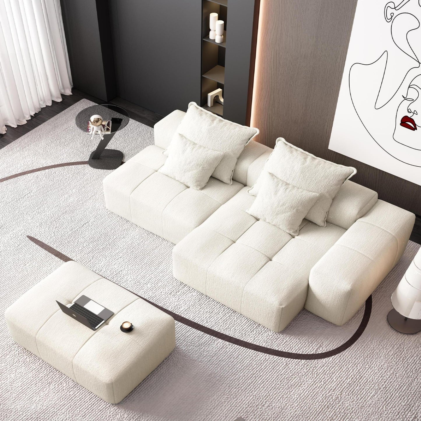 Oversized Modular Chenille Sectional Sofa with Ottoman, Chaise Lounge, 1 Armrest and 4 Pillows for Living Room
