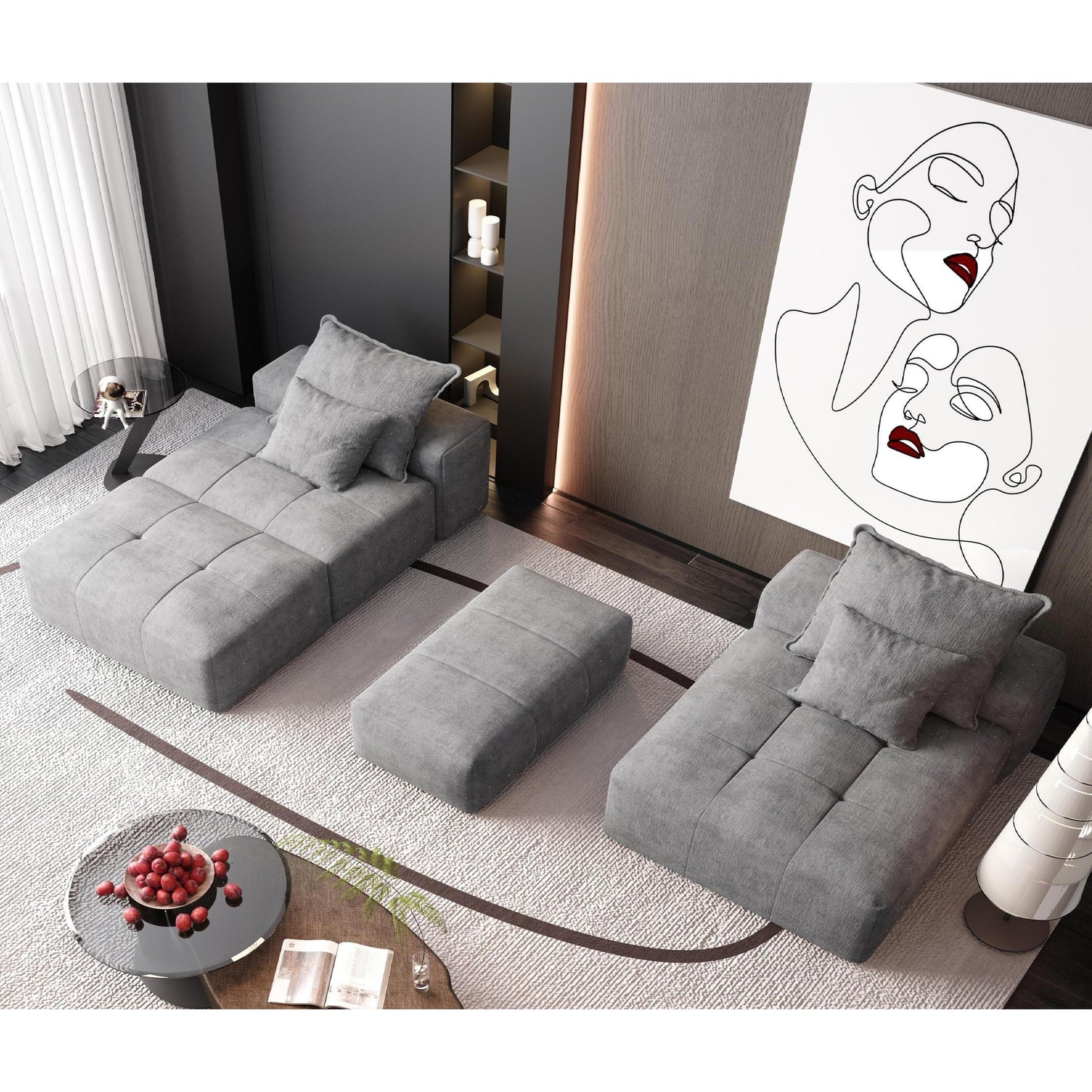 Oversized Modular Chenille Sectional Sofa with Ottoman, Chaise Lounge, 1 Armrest and 4 Pillows for Living Room