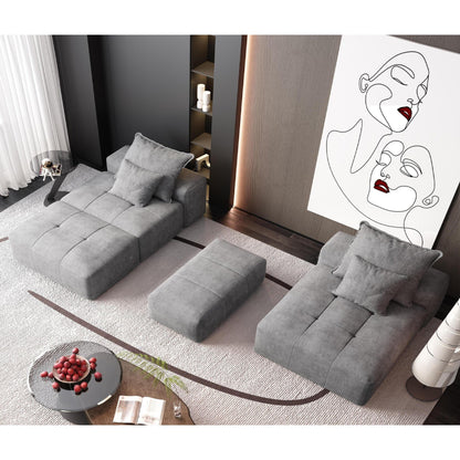 Oversized Modular Chenille Sectional Sofa with Ottoman, Chaise Lounge, 1 Armrest and 4 Pillows for Living Room