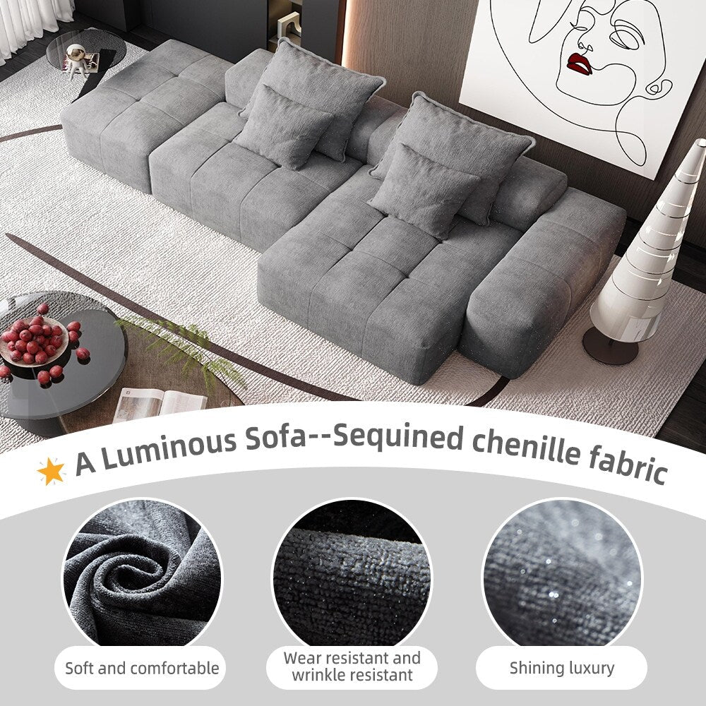 Oversized Modular Chenille Sectional Sofa with Ottoman, Chaise Lounge, 1 Armrest and 4 Pillows for Living Room