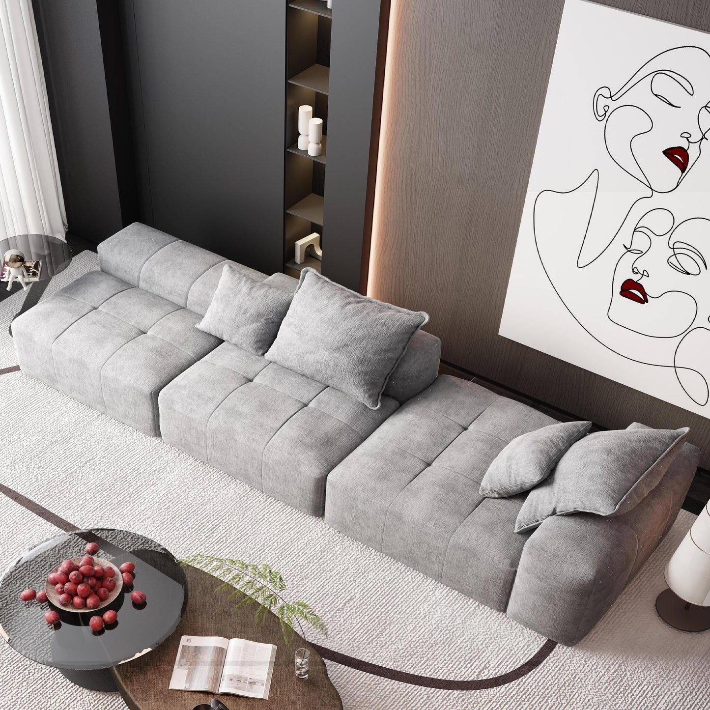 Oversized Modular Chenille Sectional Sofa with Ottoman, Chaise Lounge, 1 Armrest and 4 Pillows for Living Room