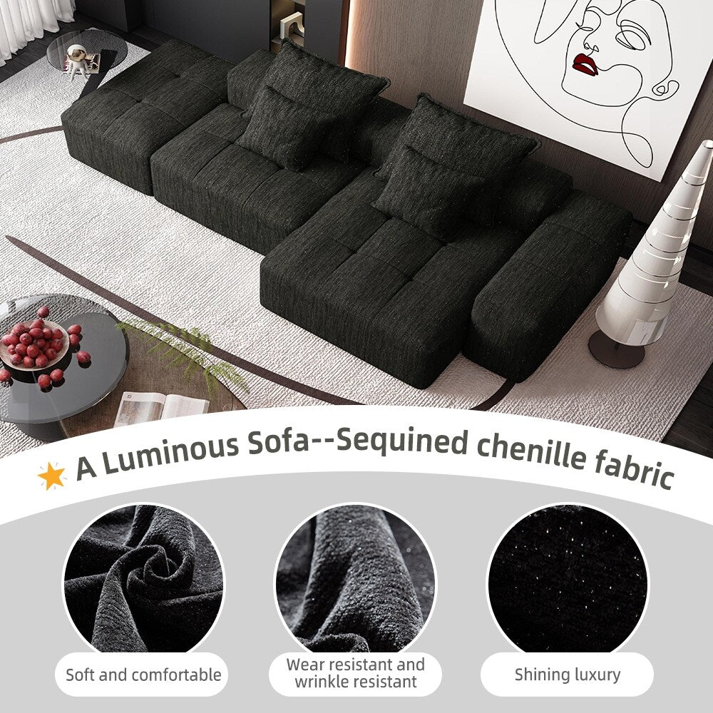 Oversized Modular Chenille Sectional Sofa with Ottoman, Chaise Lounge, 1 Armrest and 4 Pillows for Living Room