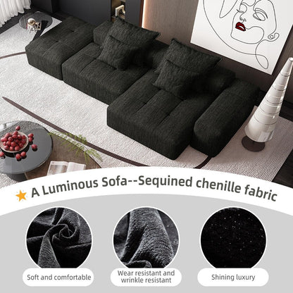 Oversized Modular Chenille Sectional Sofa with Ottoman, Chaise Lounge, 1 Armrest and 4 Pillows for Living Room