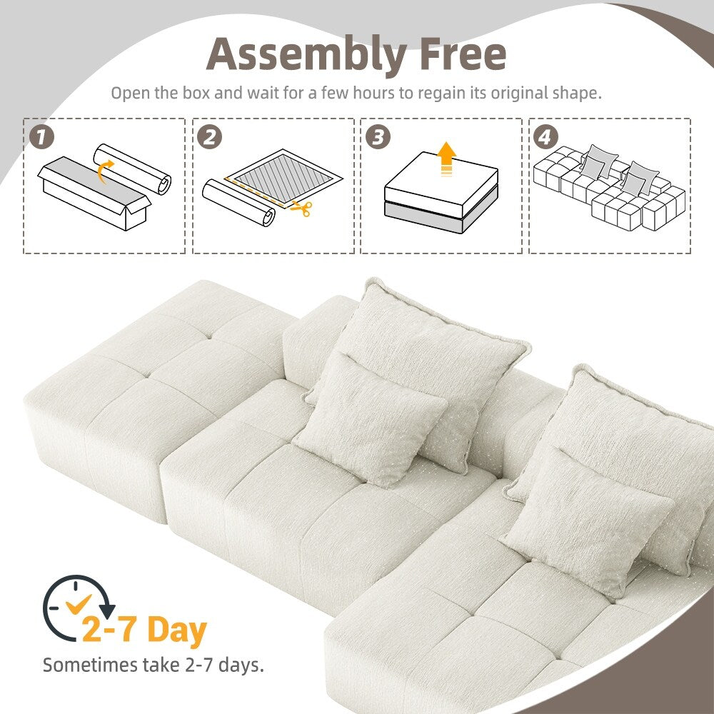Oversized Modular Chenille Sectional Sofa with Ottoman, Chaise Lounge, 1 Armrest and 4 Pillows for Living Room