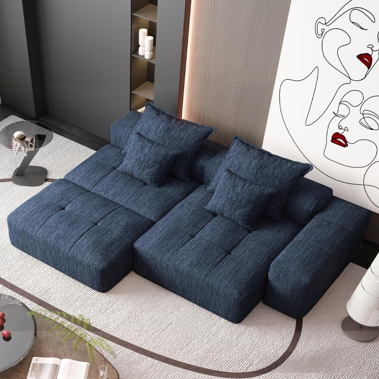 Oversized Modular Chenille Sectional Sofa with Ottoman, Chaise Lounge, 1 Armrest and 4 Pillows for Living Room