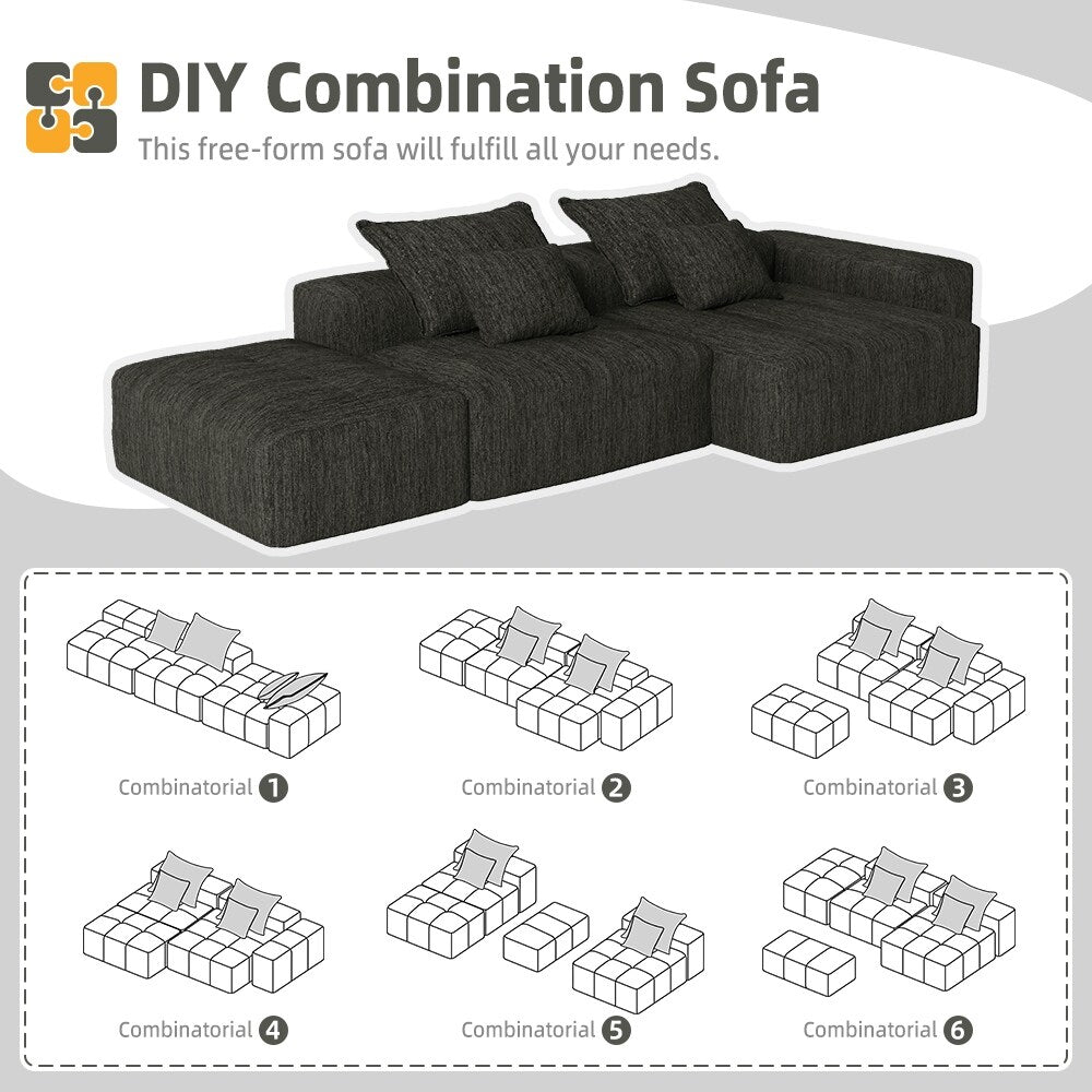 Oversized Modular Chenille Sectional Sofa with Ottoman, Chaise Lounge, 1 Armrest and 4 Pillows for Living Room
