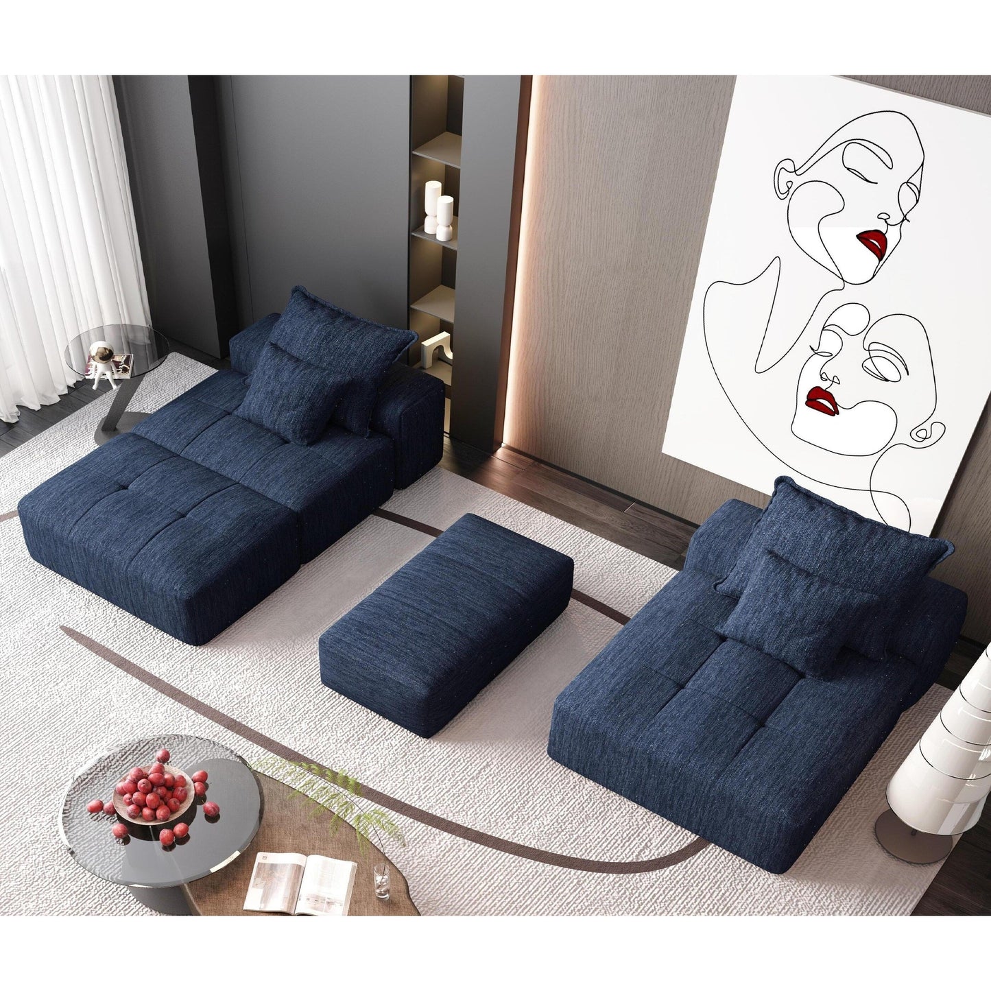 Oversized Modular Chenille Sectional Sofa with Ottoman, Chaise Lounge, 1 Armrest and 4 Pillows for Living Room