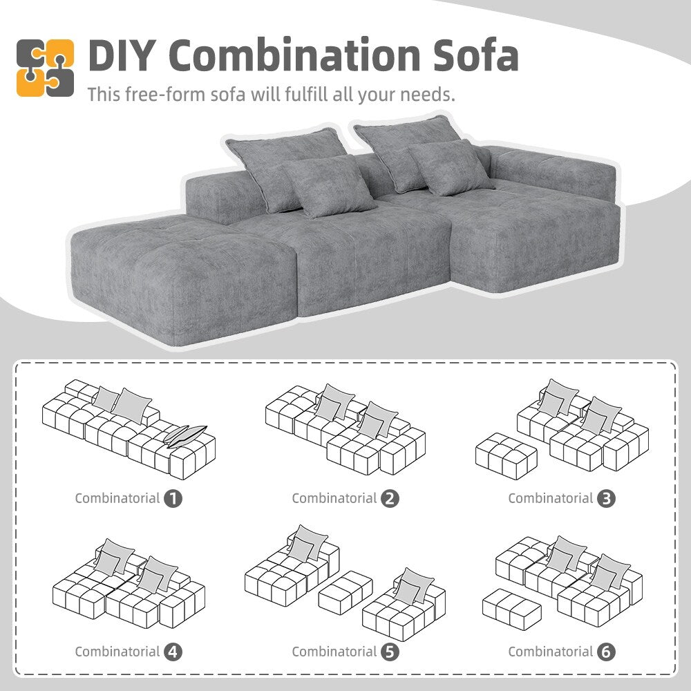 Oversized Modular Chenille Sectional Sofa with Ottoman, Chaise Lounge, 1 Armrest and 4 Pillows for Living Room