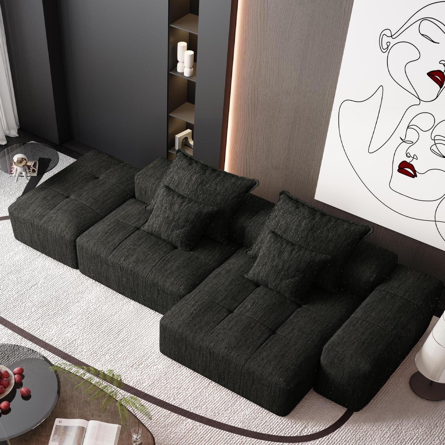 Oversized Modular Chenille Sectional Sofa with Ottoman, Chaise Lounge, 1 Armrest and 4 Pillows for Living Room