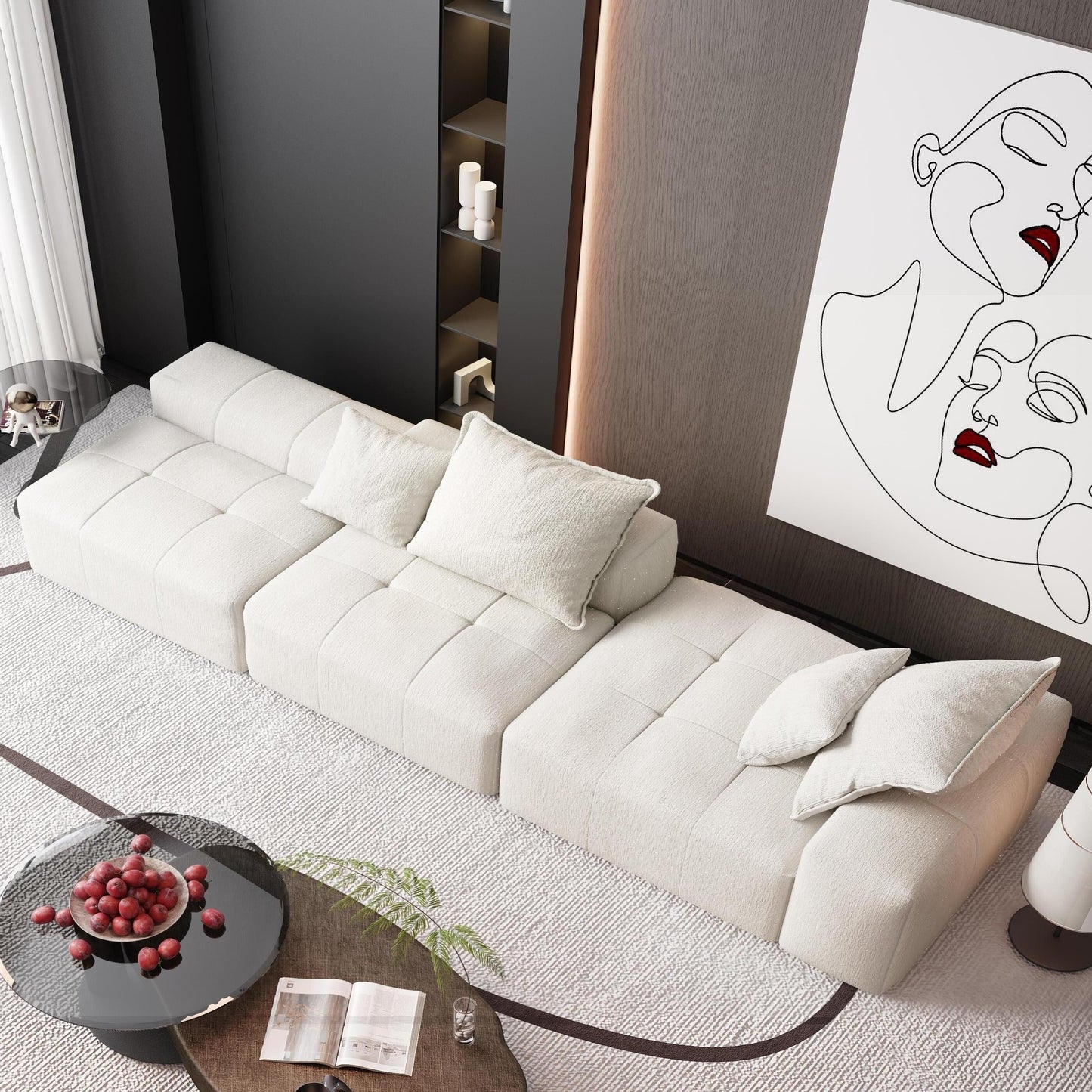 Oversized Modular Chenille Sectional Sofa with Ottoman, Chaise Lounge, 1 Armrest and 4 Pillows for Living Room