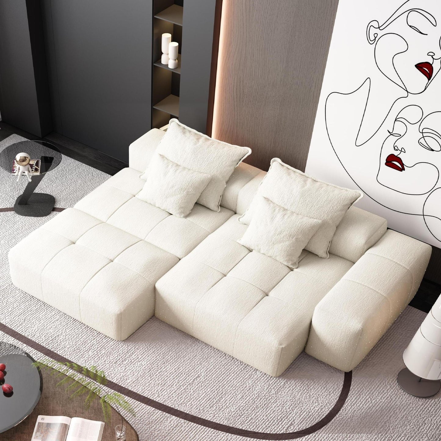 Oversized Modular Chenille Sectional Sofa with Ottoman, Chaise Lounge, 1 Armrest and 4 Pillows for Living Room