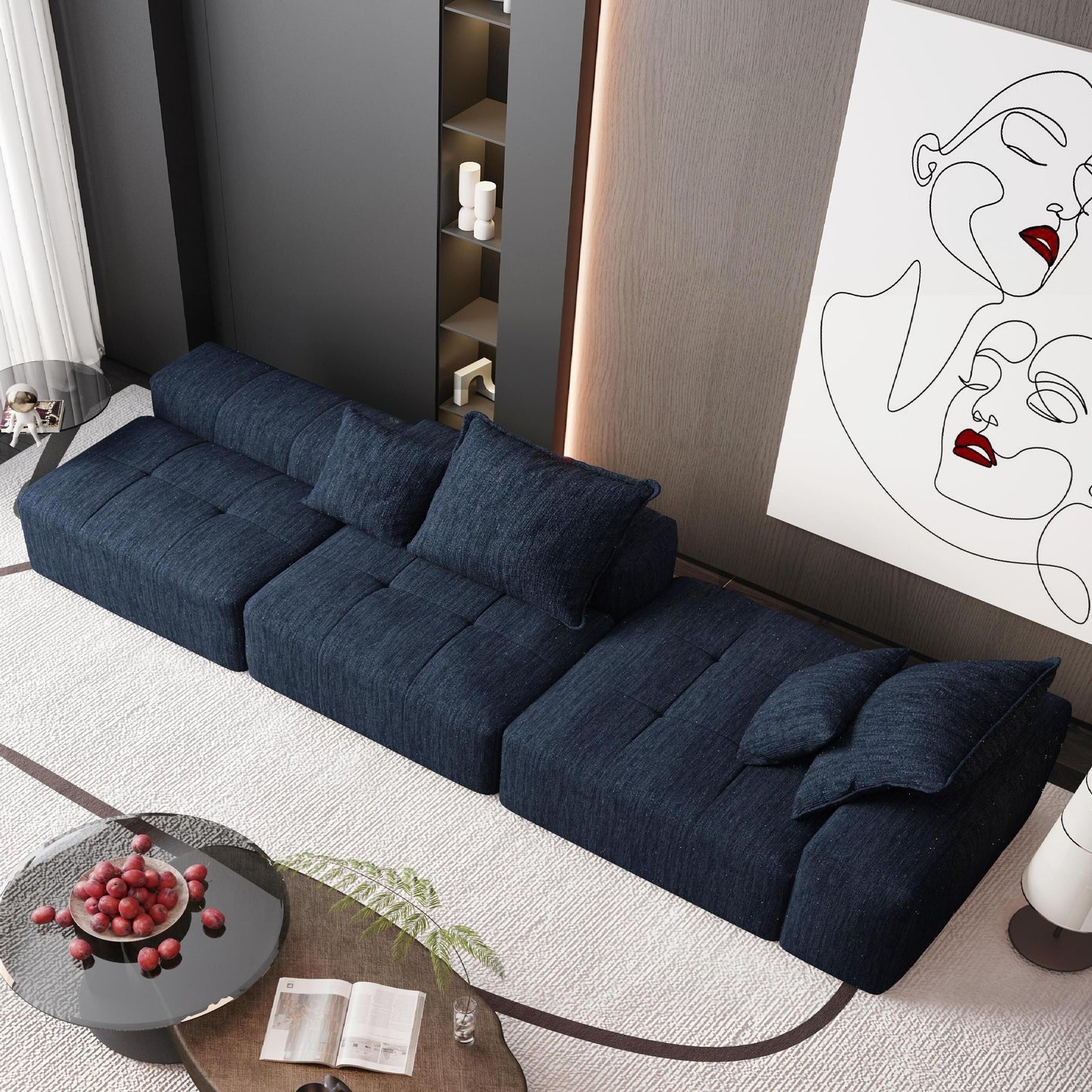 Oversized Modular Chenille Sectional Sofa with Ottoman, Chaise Lounge, 1 Armrest and 4 Pillows for Living Room