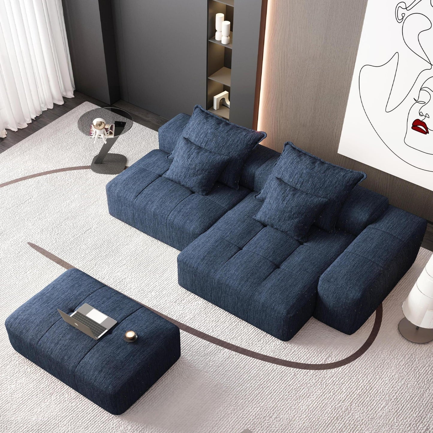 Oversized Modular Chenille Sectional Sofa with Ottoman, Chaise Lounge, 1 Armrest and 4 Pillows for Living Room