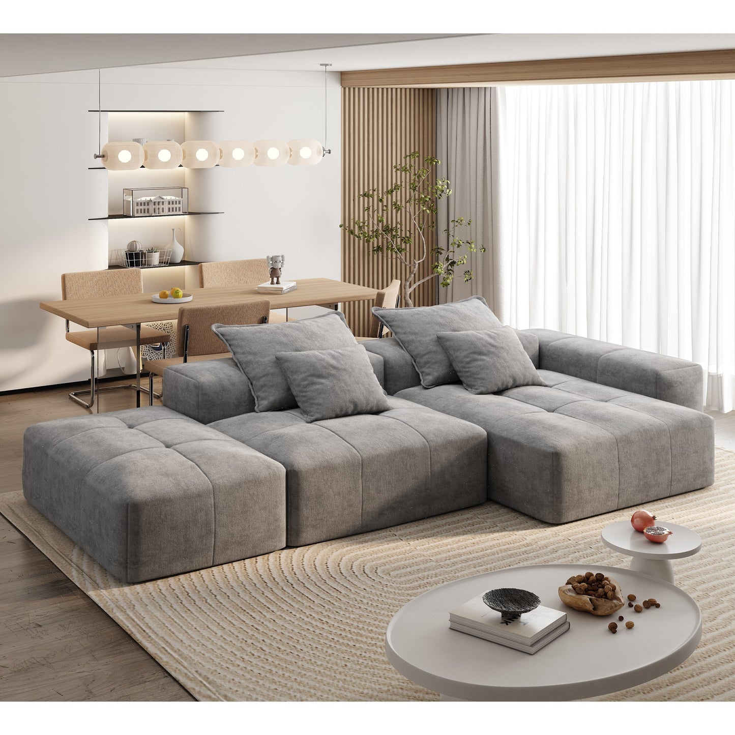 Oversized Modular Chenille Sectional Sofa with Ottoman, Chaise Lounge, 1 Armrest and 4 Pillows for Living Room