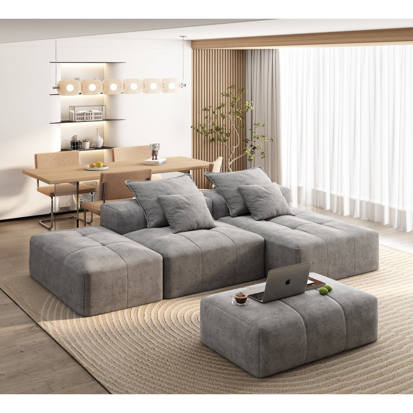 Oversized Modular Chenille Sectional Sofa with Ottoman, Chaise Lounge, 1 Armrest and 4 Pillows for Living Room