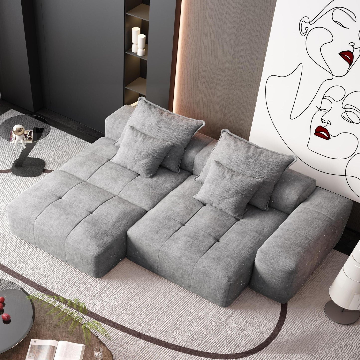 Oversized Modular Chenille Sectional Sofa with Ottoman, Chaise Lounge, 1 Armrest and 4 Pillows for Living Room
