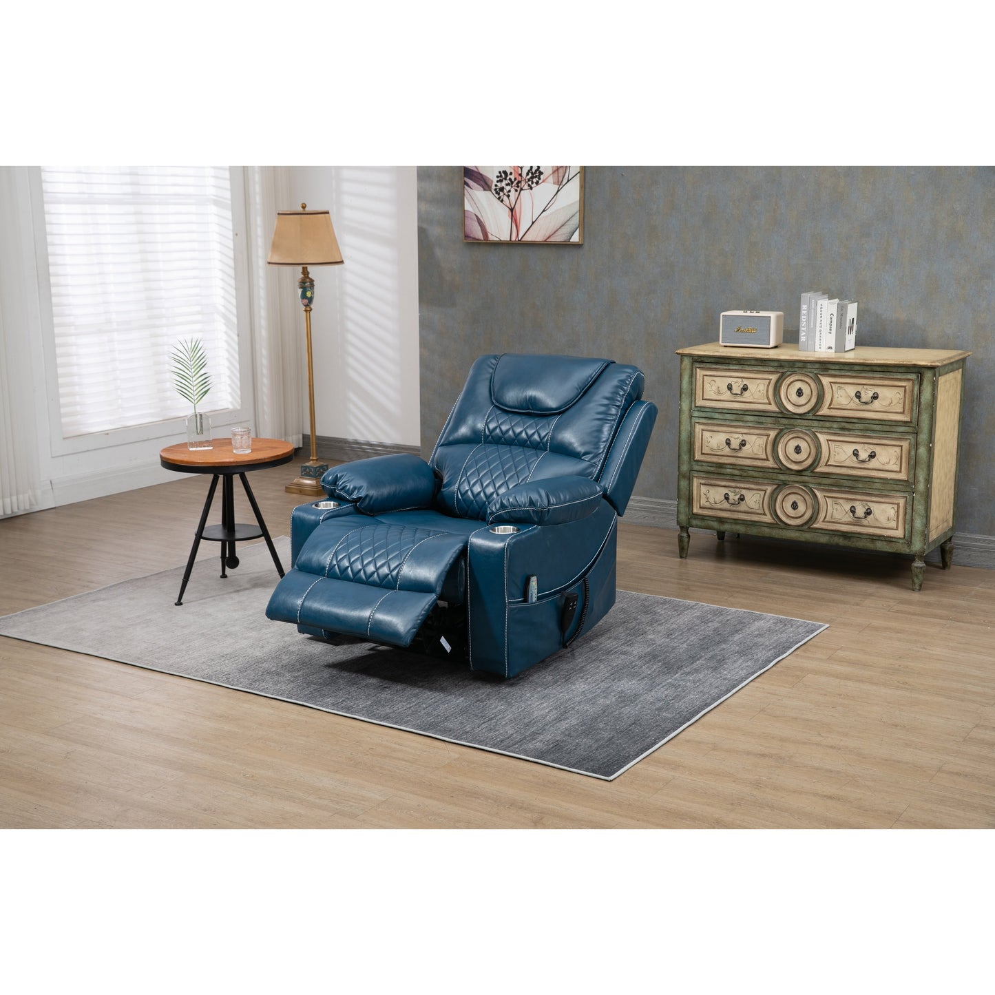 Oversized PU Leather Power Lift Recliner with Massage, Lumbar Heating, Cup Holder, 180Â° Flat Lay