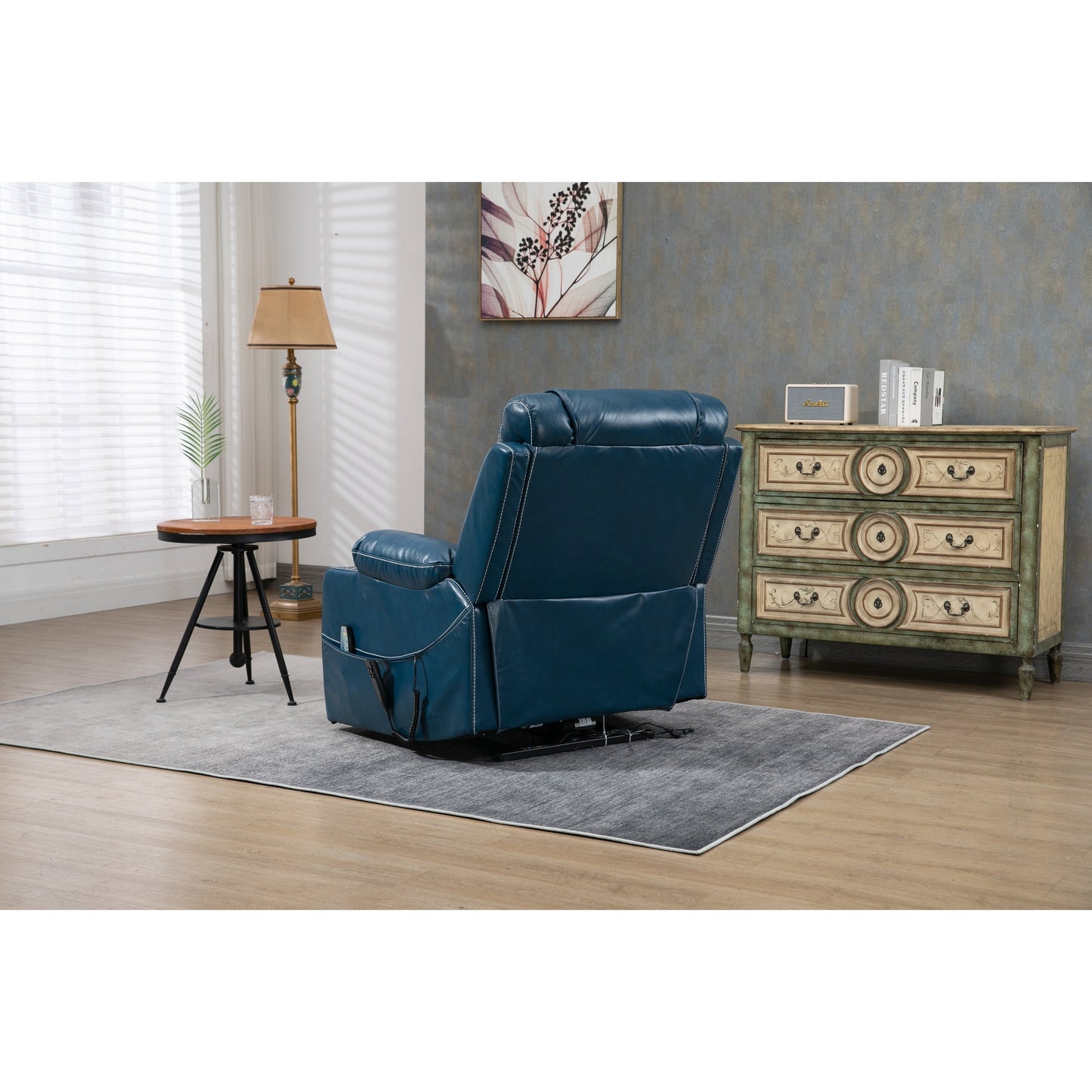 Oversized PU Leather Power Lift Recliner with Massage, Lumbar Heating, Cup Holder, 180Â° Flat Lay