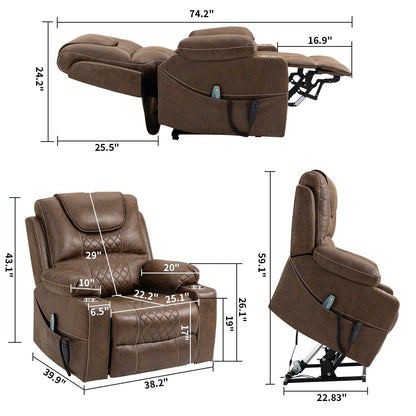 Oversized PU Leather Power Lift Recliner with Massage, Lumbar Heating, Cup Holder, 180Â° Flat Lay