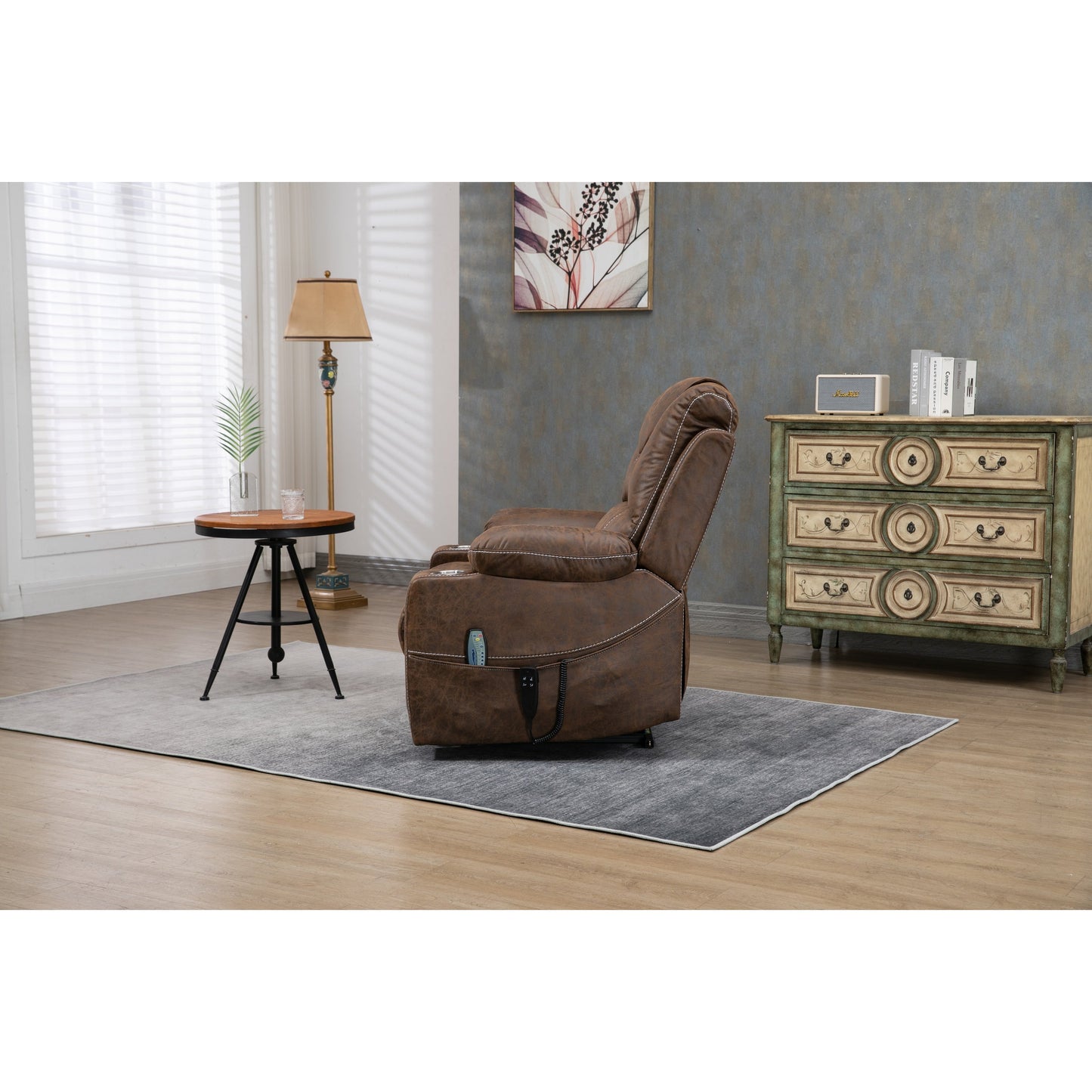 Oversized PU Leather Power Lift Recliner with Massage, Lumbar Heating, Cup Holder, 180Â° Flat Lay