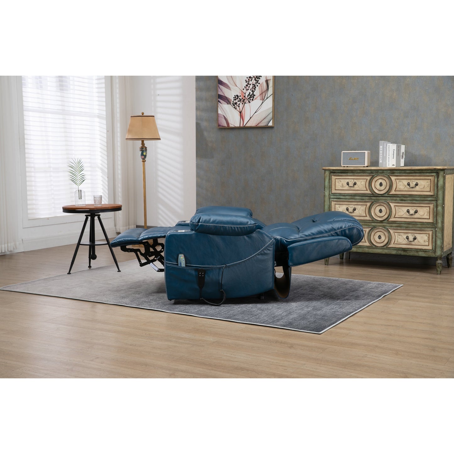 Oversized PU Leather Power Lift Recliner with Massage, Lumbar Heating, Cup Holder, 180Â° Flat Lay