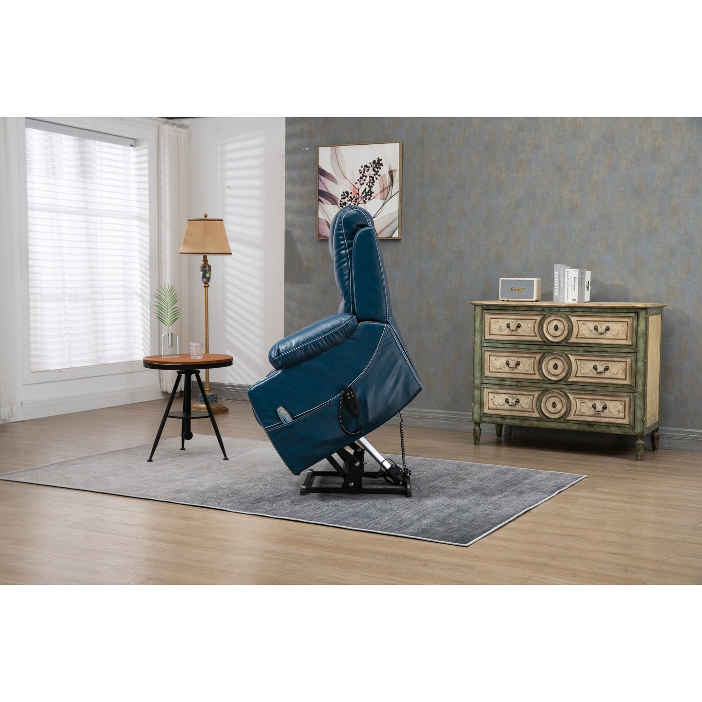 Oversized PU Leather Power Lift Recliner with Massage, Lumbar Heating, Cup Holder, 180Â° Flat Lay