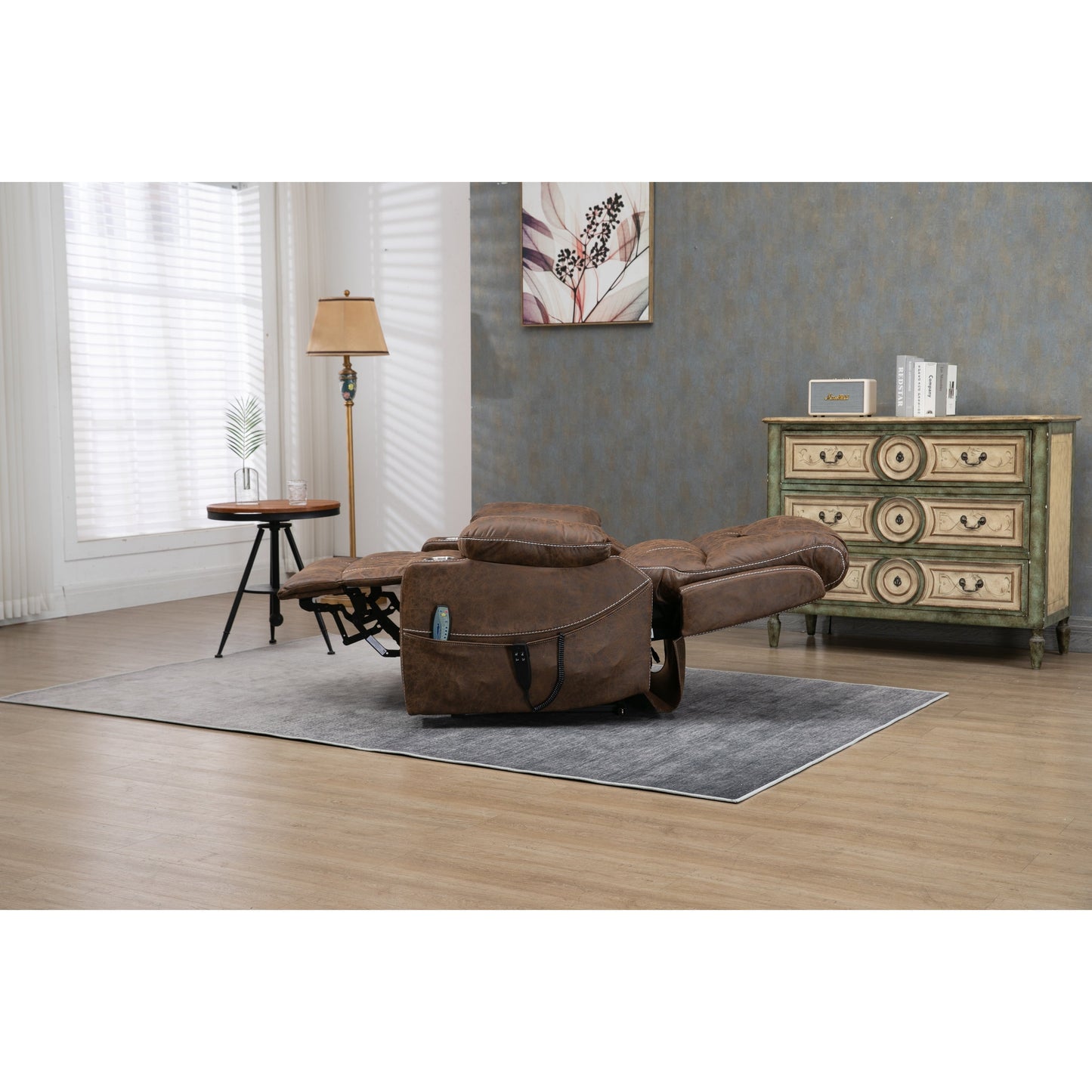 Oversized PU Leather Power Lift Recliner with Massage, Lumbar Heating, Cup Holder, 180Â° Flat Lay