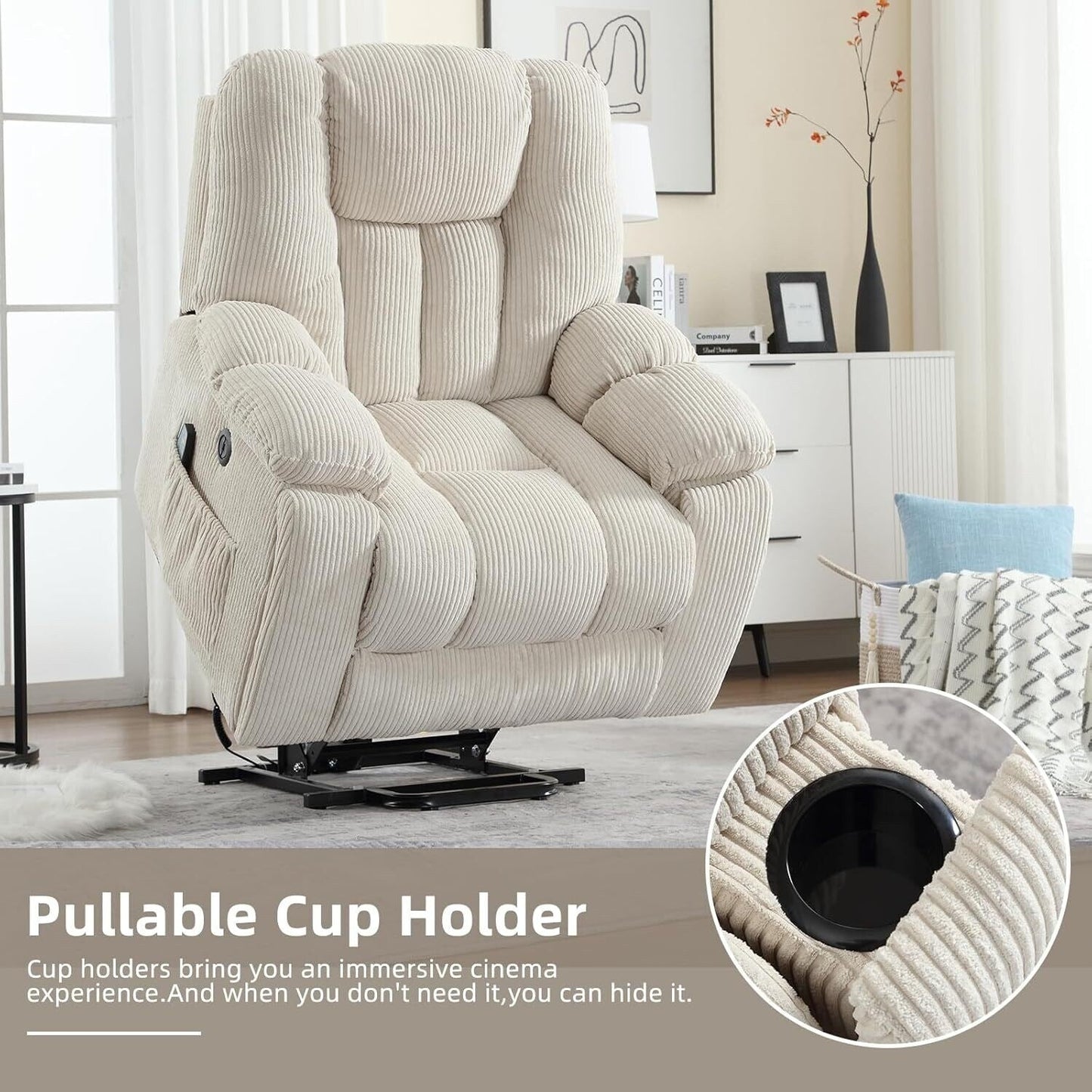 Oversized Power Assist Lift Recliner Chair With Massage and Heating with 2 Concealed Cup Holders for Elderly