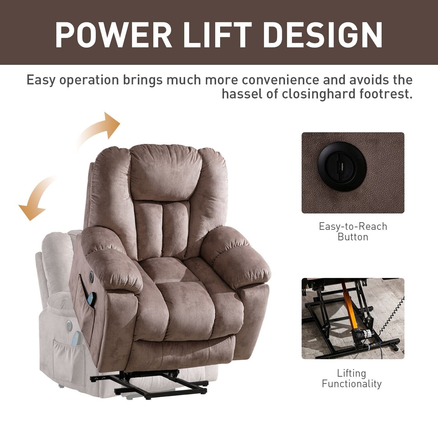 Oversized Power Assist Lift Recliner Chair With Massage and Heating with 2 Concealed Cup Holders for Elderly