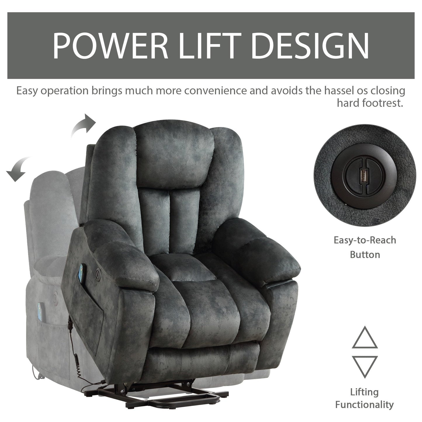 Oversized Power Assist Lift Recliner Chair With Massage and Heating with 2 Concealed Cup Holders for Elderly