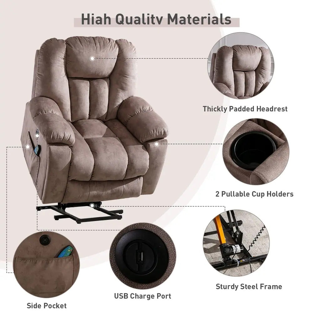 Oversized Power Assist Lift Recliner Chair With Massage and Heating with 2 Concealed Cup Holders for Elderly