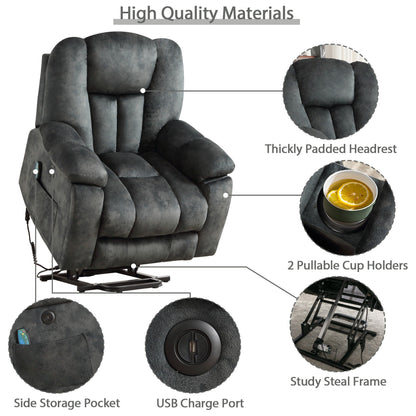 Oversized Power Assist Lift Recliner Chair With Massage and Heating with 2 Concealed Cup Holders for Elderly
