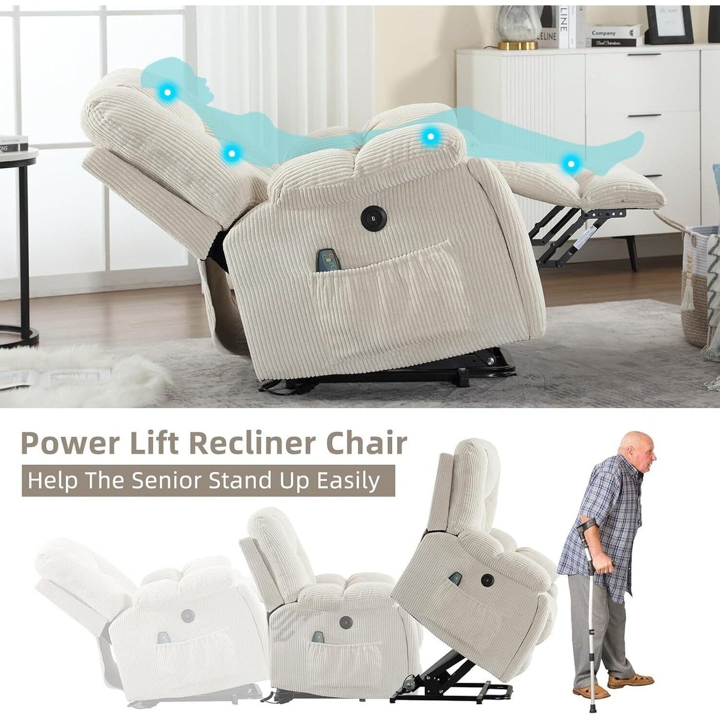 Oversized Power Assist Lift Recliner Chair With Massage and Heating with 2 Concealed Cup Holders for Elderly