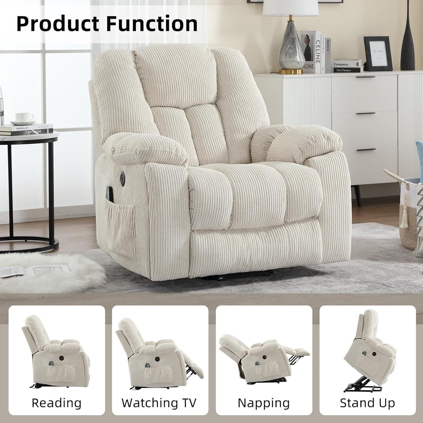 Oversized Power Assist Lift Recliner Chair With Massage and Heating with 2 Concealed Cup Holders for Elderly