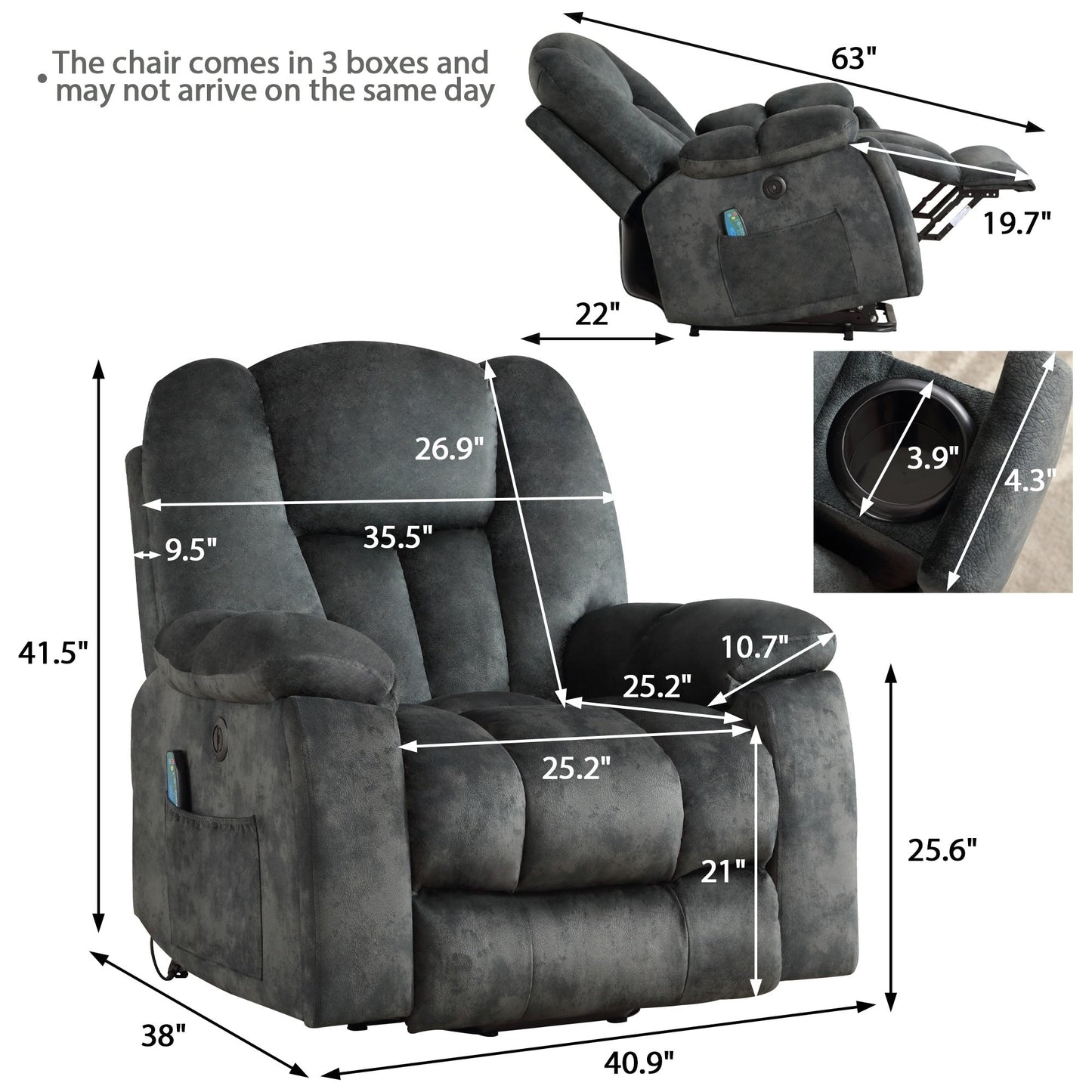 Oversized Power Assist Lift Recliner Chair With Massage and Heating with 2 Concealed Cup Holders for Elderly