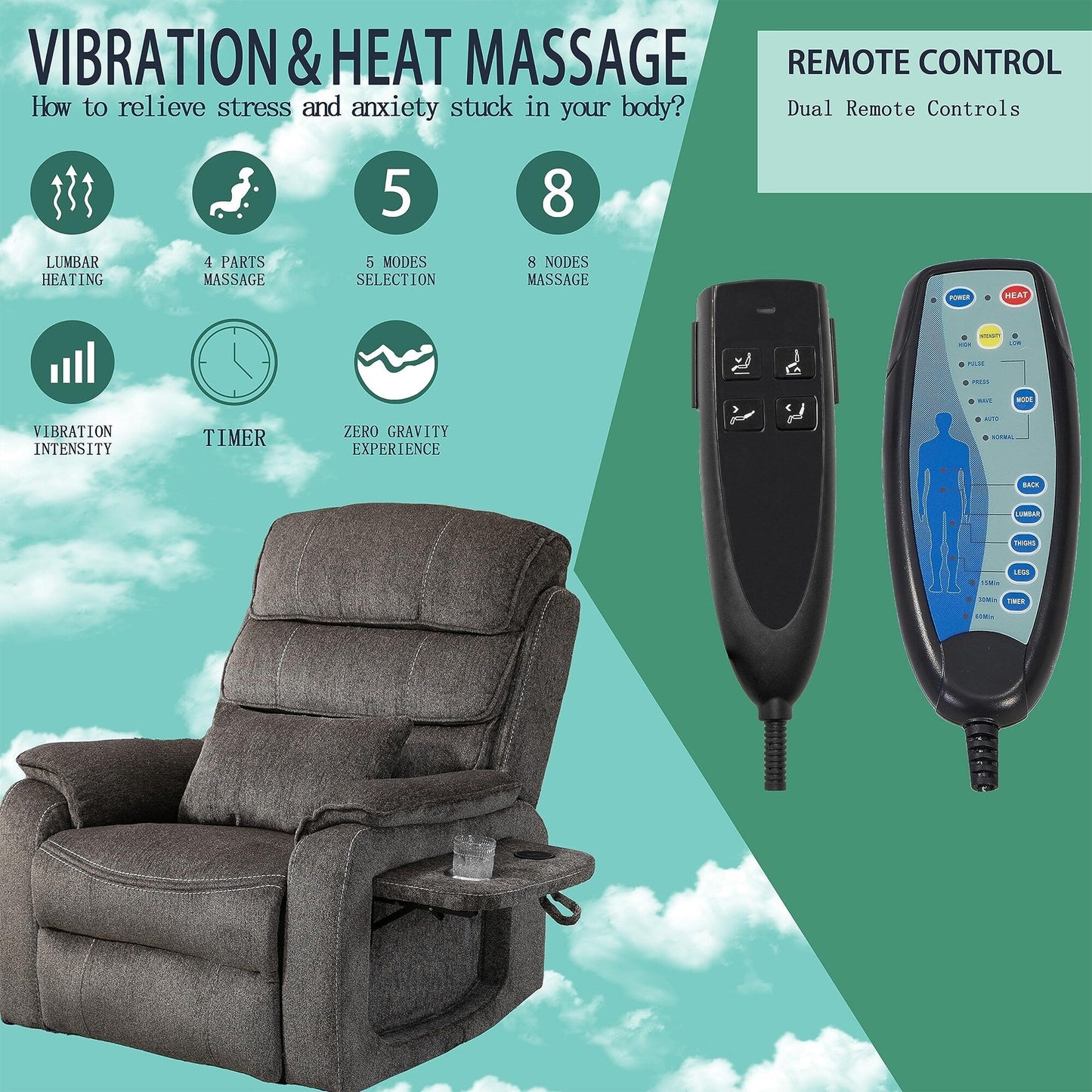 Oversized Power Lift Recliner Chair Heat  Massage, 180 Lying Flat