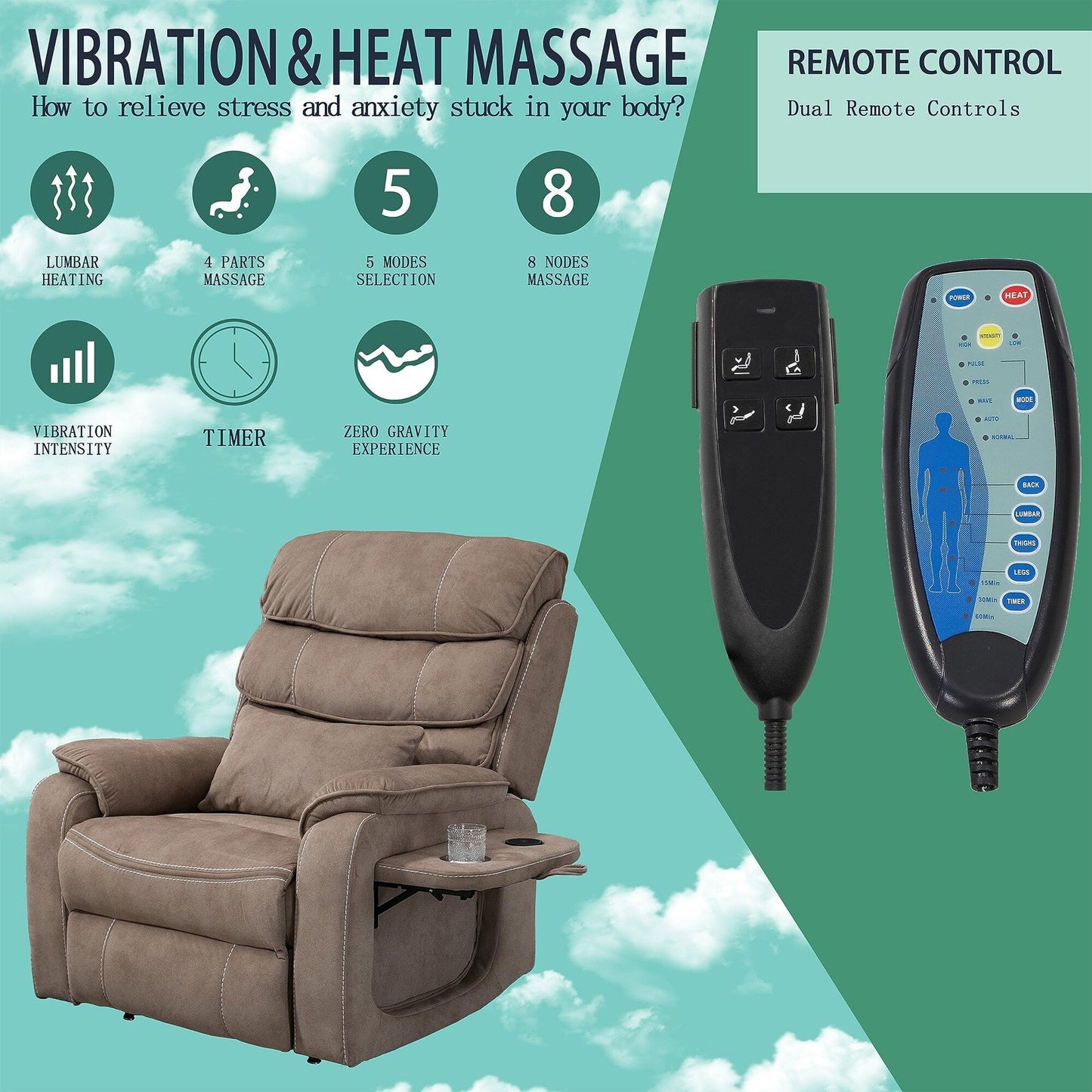 Oversized Power Lift Recliner Chair Heat  Massage, 180 Lying Flat