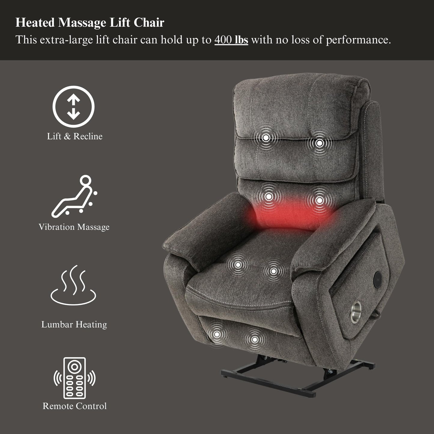 Oversized Power Lift Recliner Chair Heat  Massage, 180 Lying Flat