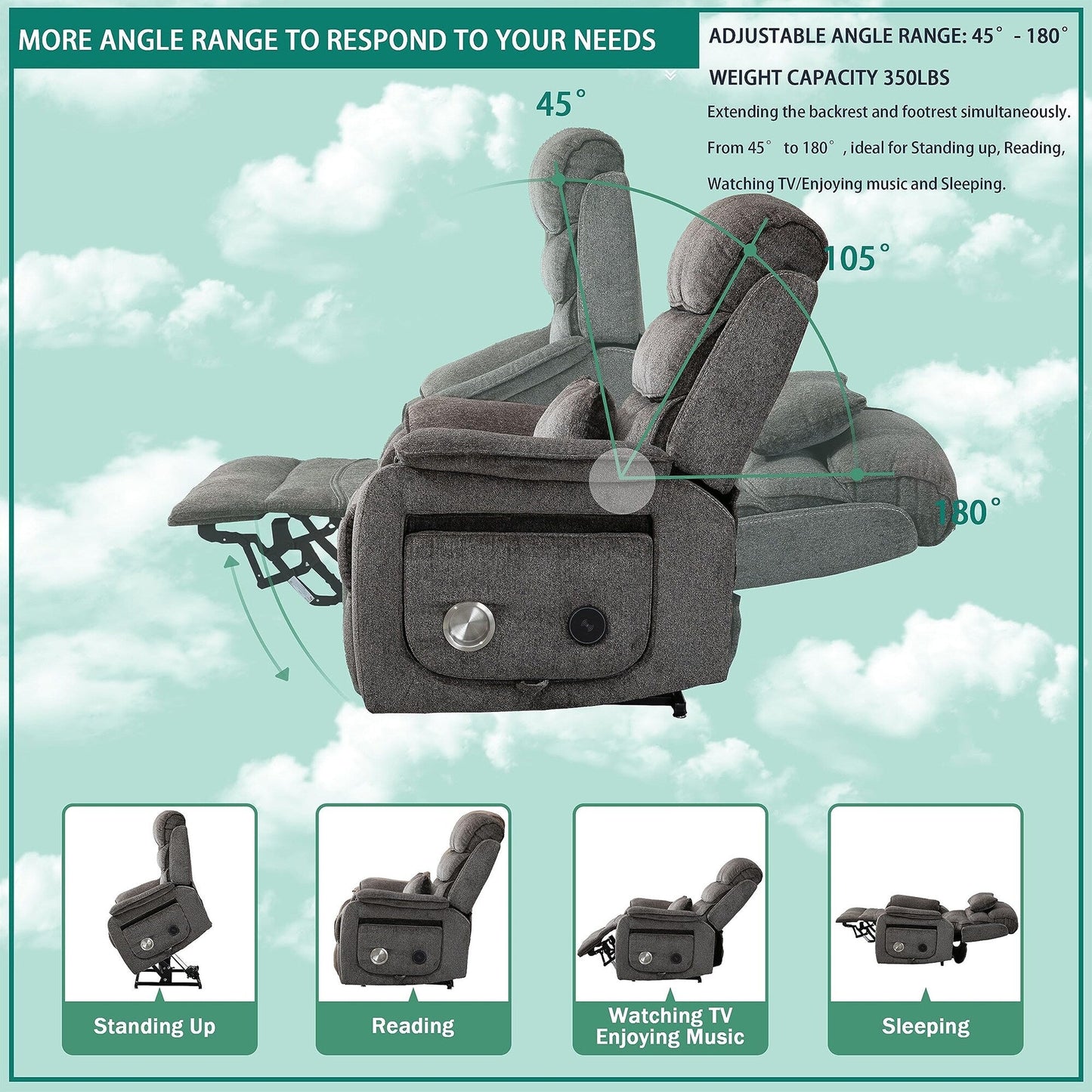 Oversized Power Lift Recliner Chair Heat  Massage, 180 Lying Flat
