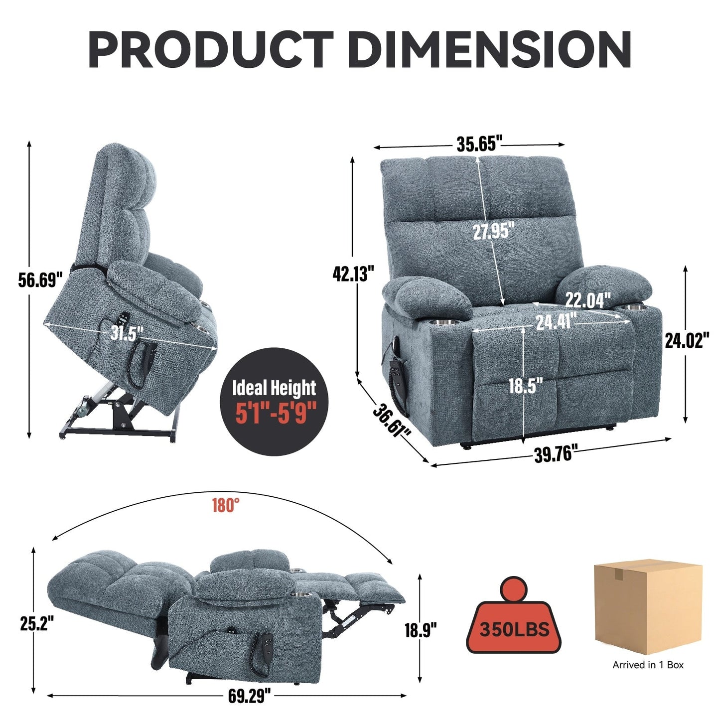 Oversized Power Lift Recliner Chair with Dual Motor, Massage & Lumbar Heat, Chenille Upholstery, Dual Cup Holders & Side Pockets