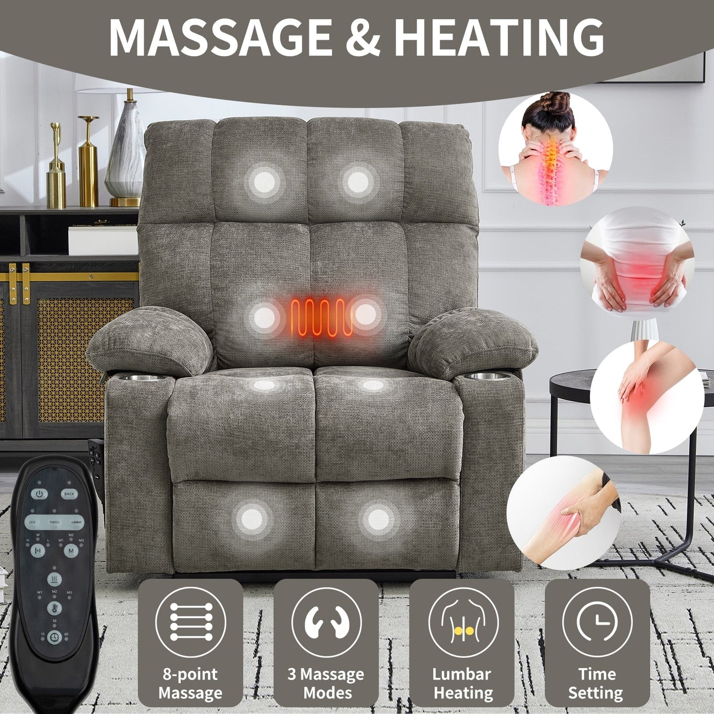 Oversized Power Lift Recliner Chair with Dual Motor, Massage & Lumbar Heat, Chenille Upholstery, Dual Cup Holders & Side Pockets