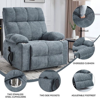 Oversized Power Lift Recliner Chair with Dual Motor, Massage & Lumbar Heat, Chenille Upholstery, Dual Cup Holders & Side Pockets