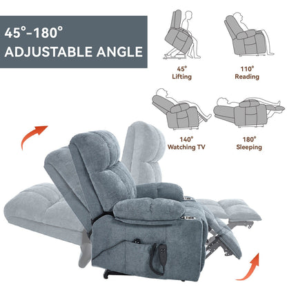 Oversized Power Lift Recliner Chair with Dual Motor, Massage & Lumbar Heat, Chenille Upholstery, Dual Cup Holders & Side Pockets