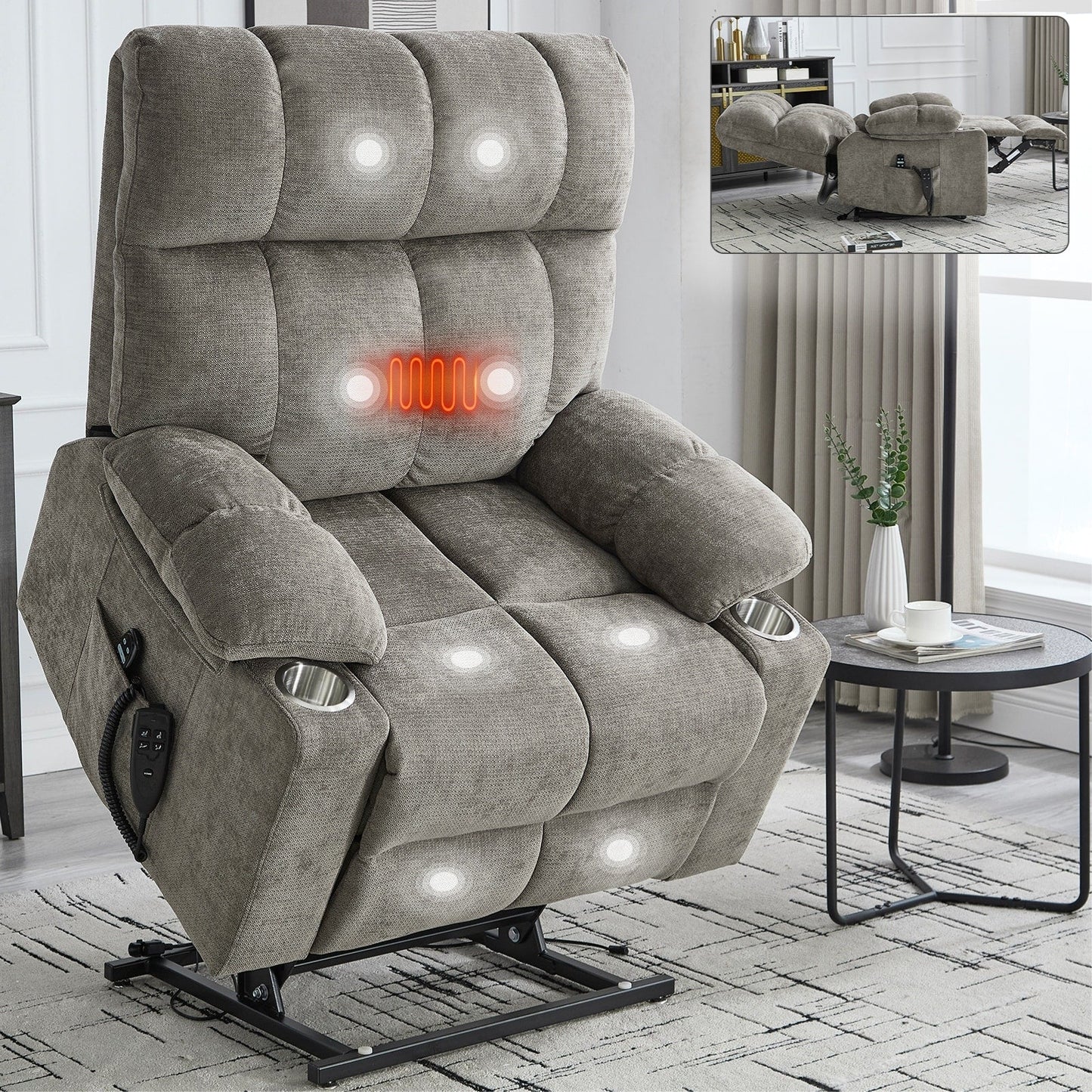 Oversized Power Lift Recliner Chair with Dual Motor, Massage & Lumbar Heat, Chenille Upholstery, Dual Cup Holders & Side Pockets