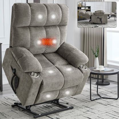 Oversized Power Lift Recliner Chair with Dual Motor, Massage & Lumbar Heat, Chenille Upholstery, Dual Cup Holders & Side Pockets