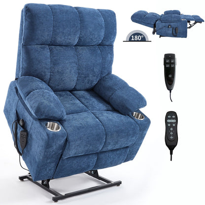 Oversized Power Lift Recliner Chair with Dual Motor, Massage & Lumbar Heat, Chenille Upholstery, Dual Cup Holders & Side Pockets