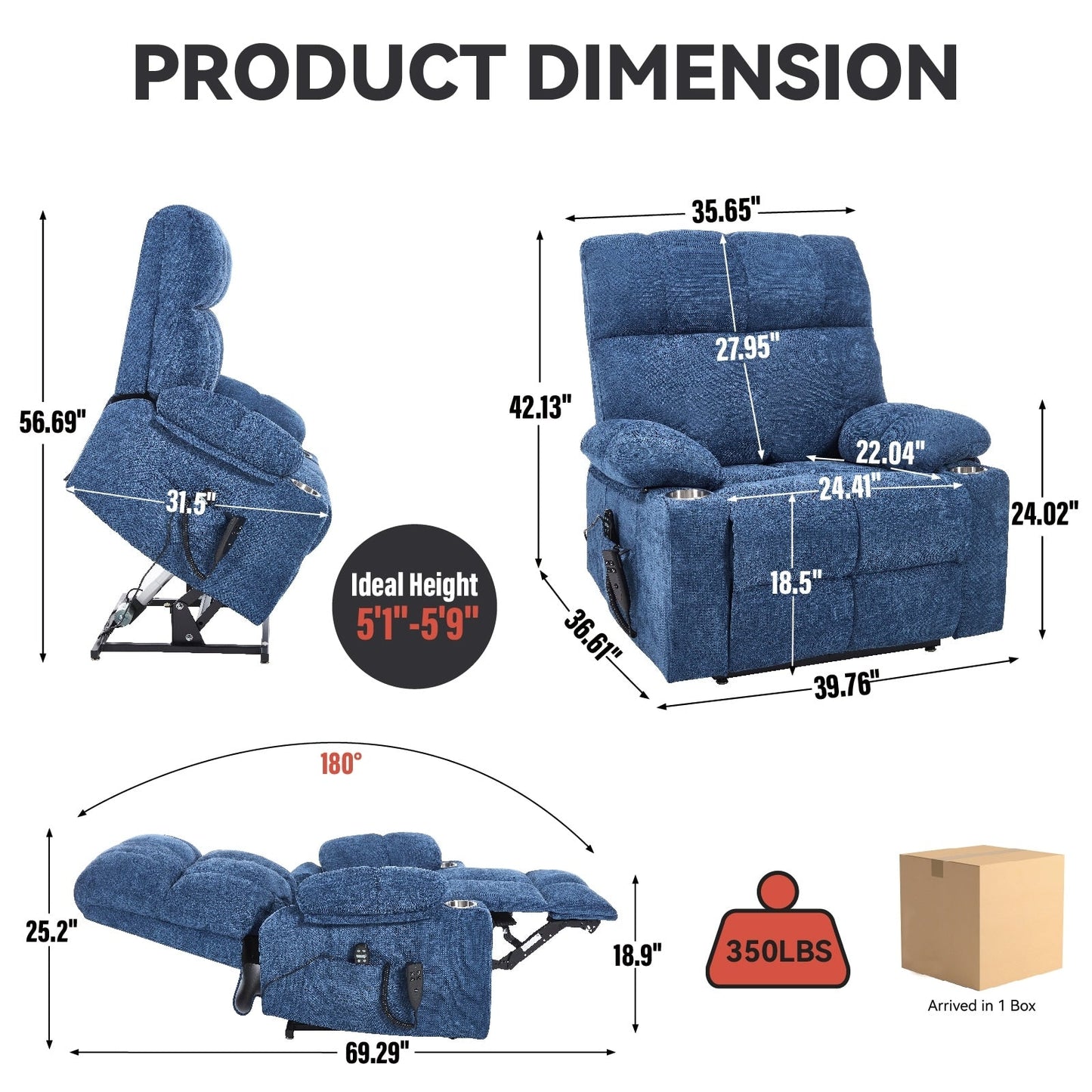 Oversized Power Lift Recliner Chair with Dual Motor, Massage & Lumbar Heat, Chenille Upholstery, Dual Cup Holders & Side Pockets