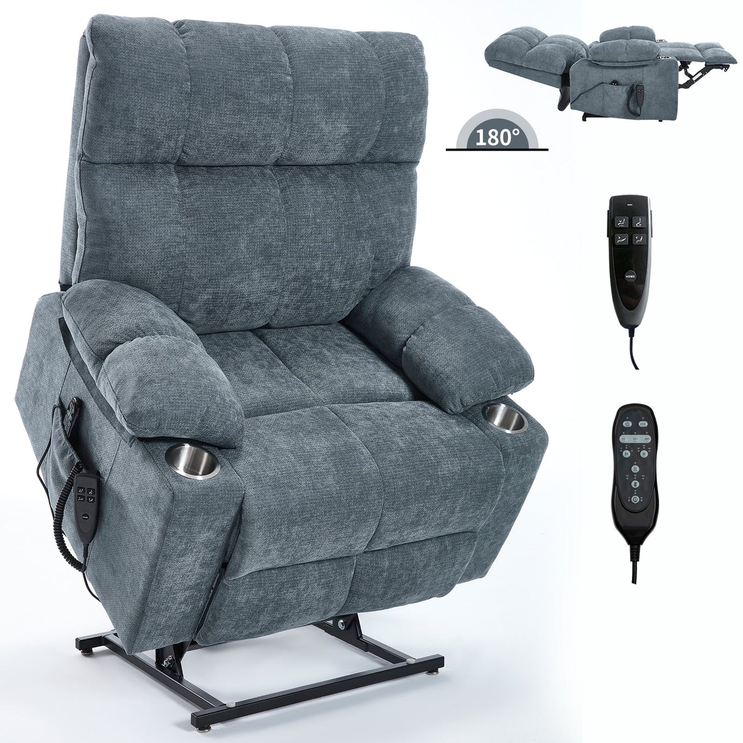 Oversized Power Lift Recliner Chair with Dual Motor, Massage & Lumbar Heat, Chenille Upholstery, Dual Cup Holders & Side Pockets