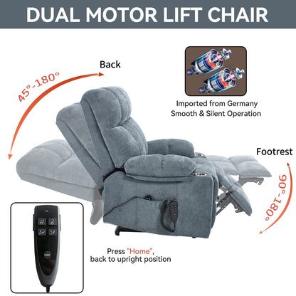 Oversized Power Lift Recliner Chair with Dual Motor, Massage & Lumbar Heat, Chenille Upholstery, Dual Cup Holders & Side Pockets