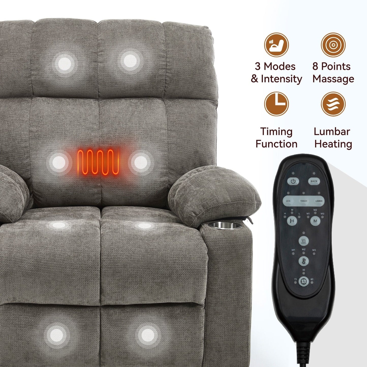 Oversized Power Lift Recliner Chair with Dual Motor, Massage & Lumbar Heat, Chenille Upholstery, Dual Cup Holders & Side Pockets